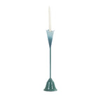 Blue and green metal stem candle holder with a white taper candle.