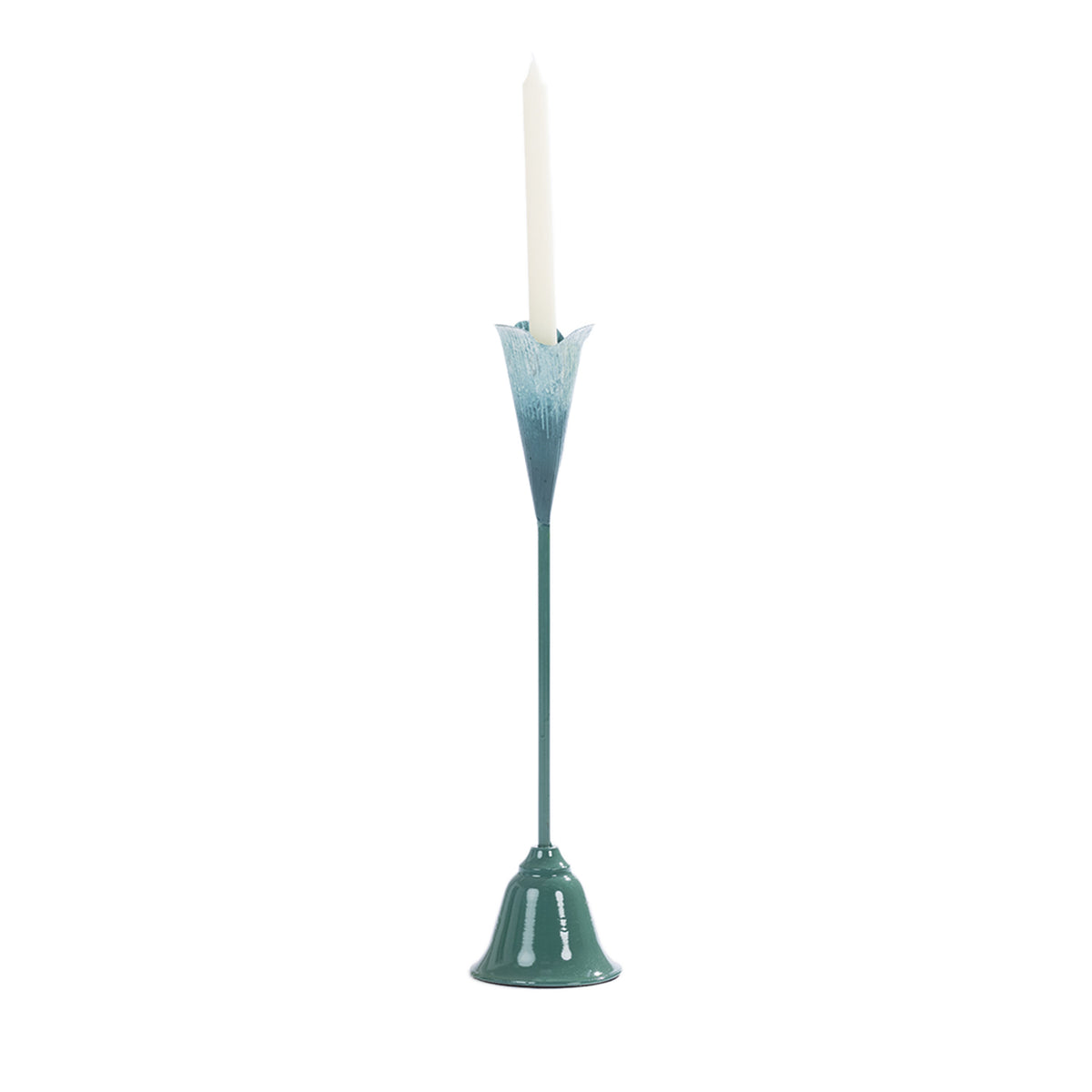 Blue and green metal stem candle holder with a white taper candle.