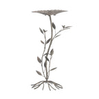 Antique grey metal planter stand with decorative leafy branches, small birds and a flower-shaped top.
