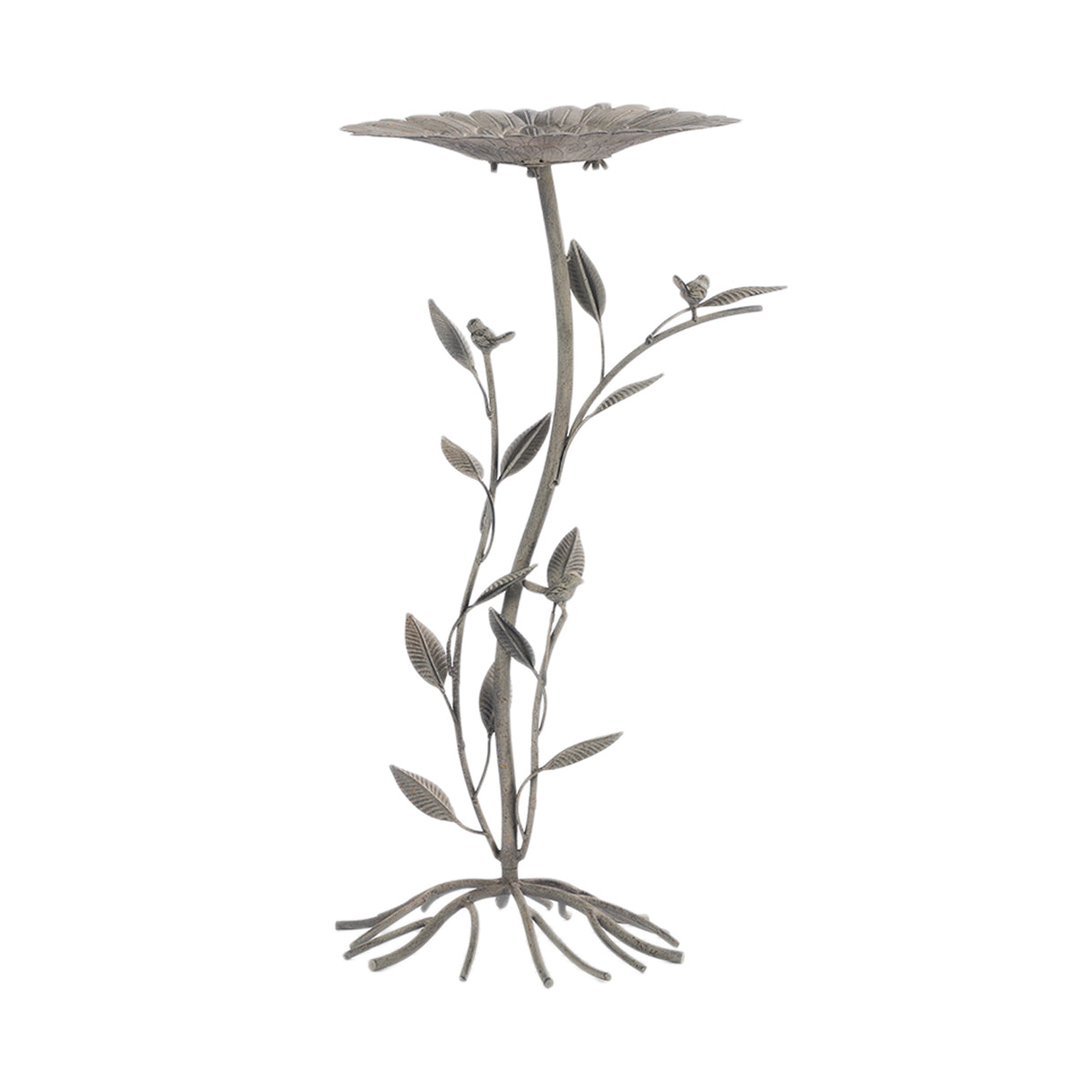 Antique grey metal planter stand with decorative leafy branches, small birds and a flower-shaped top.