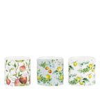 Outsidings Sultry Citronella 3 Piece Set Orchard featuring three white candles with colourful apple, citrus and fruit-inspired botanical prints.