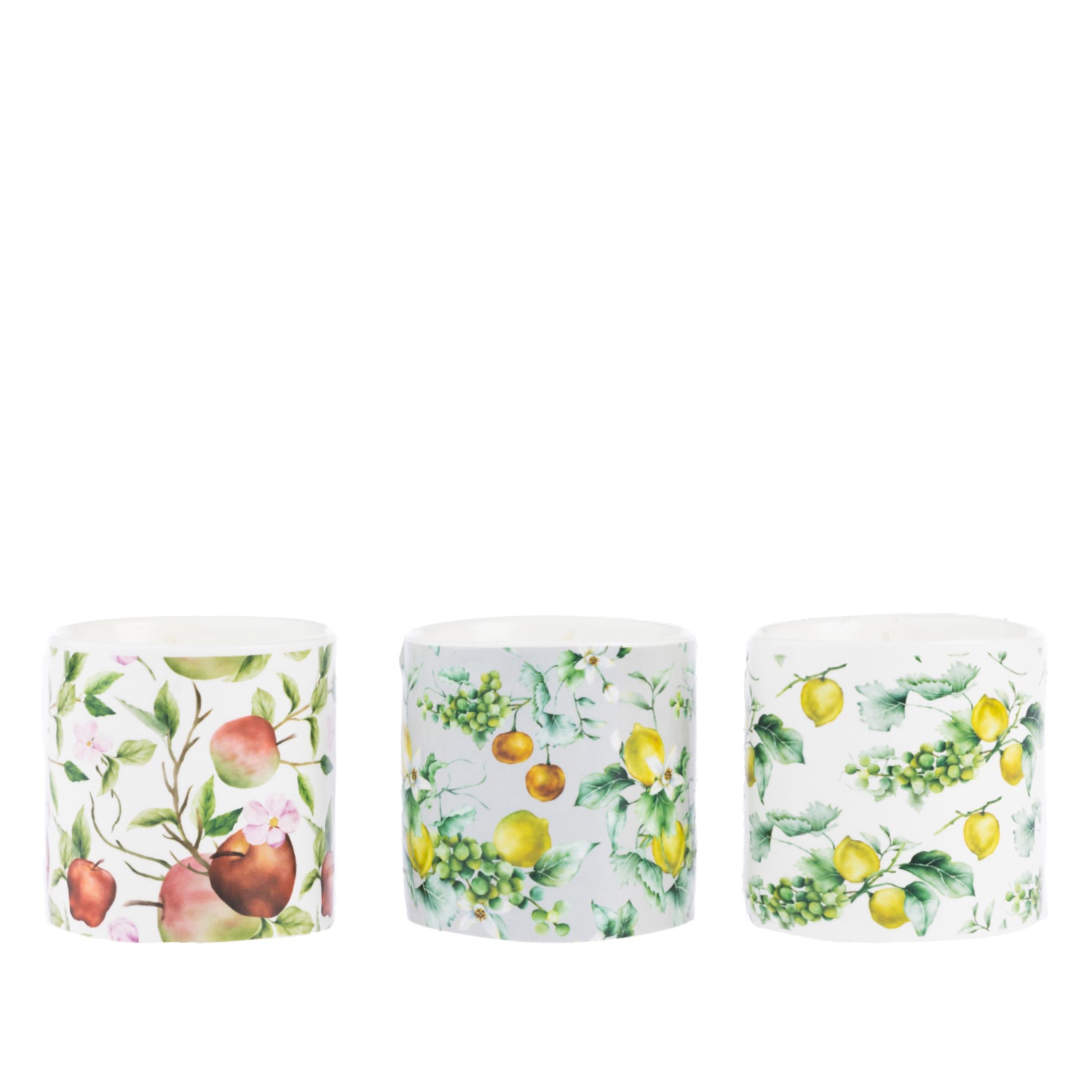 Outsidings Sultry Citronella 3 Piece Set Orchard featuring three white candles with colourful apple, citrus and fruit-inspired botanical prints.