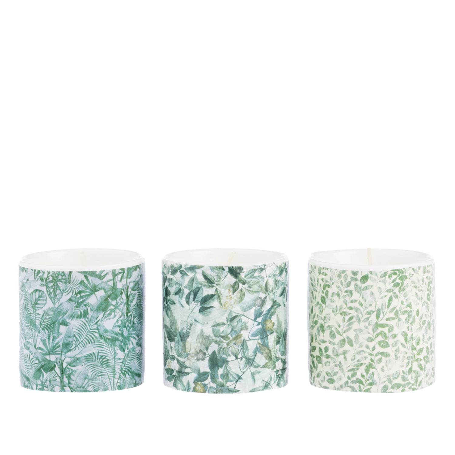 Outsidings Sultry Citronella 3 Piece Set Foliage featuring three white candles with coordinating green leafy and botanical prints.