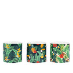 Outsidings Sultry Citronella Candle 3 Piece Set Tropic featuring three candles with vibrant tropical foliage, fruit, flowers and bird prints.