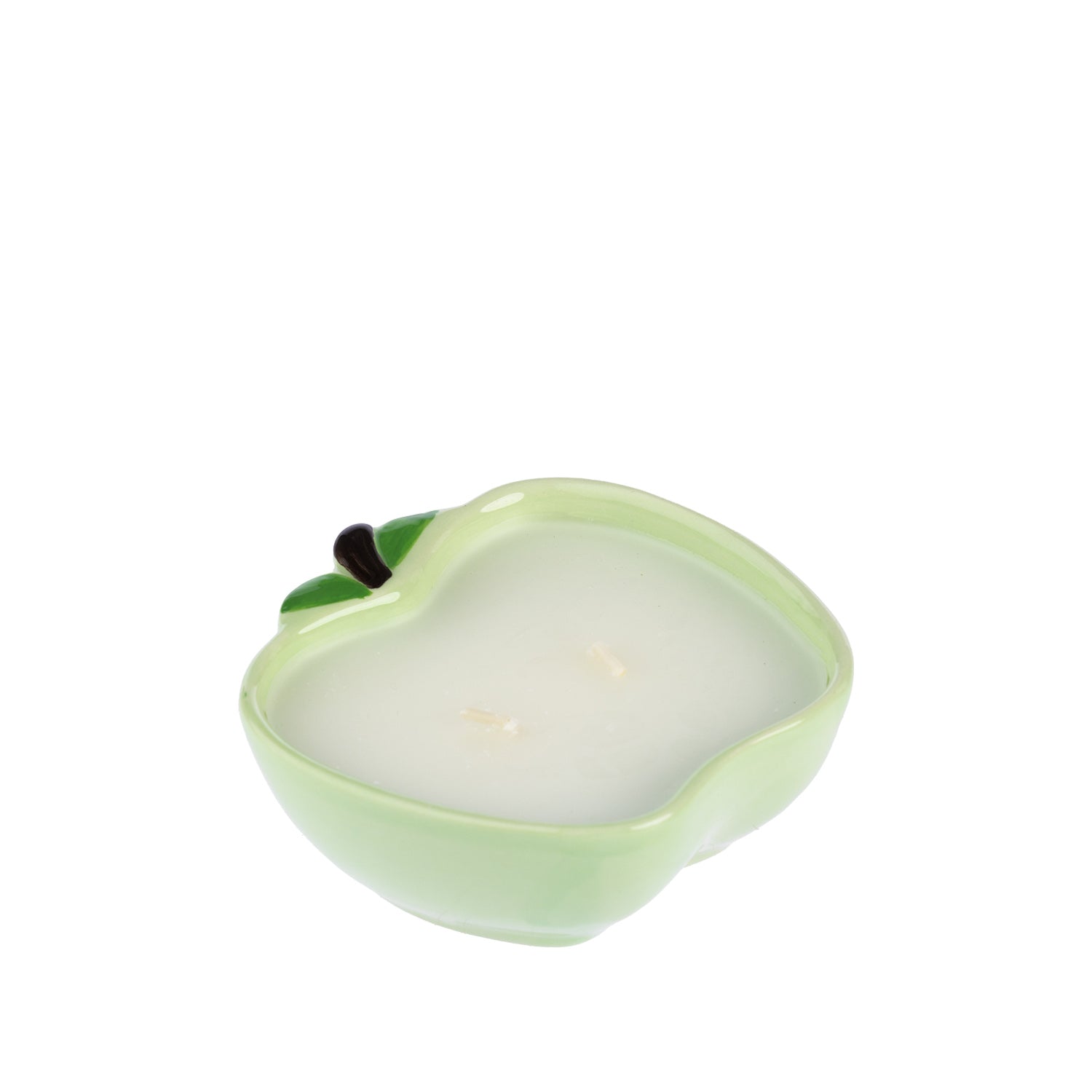 Outsidings Sultry Citronella Candle in Apple, featuring a pale green apple-shaped ceramic vessel with green leaf and stem detailing and white wax.