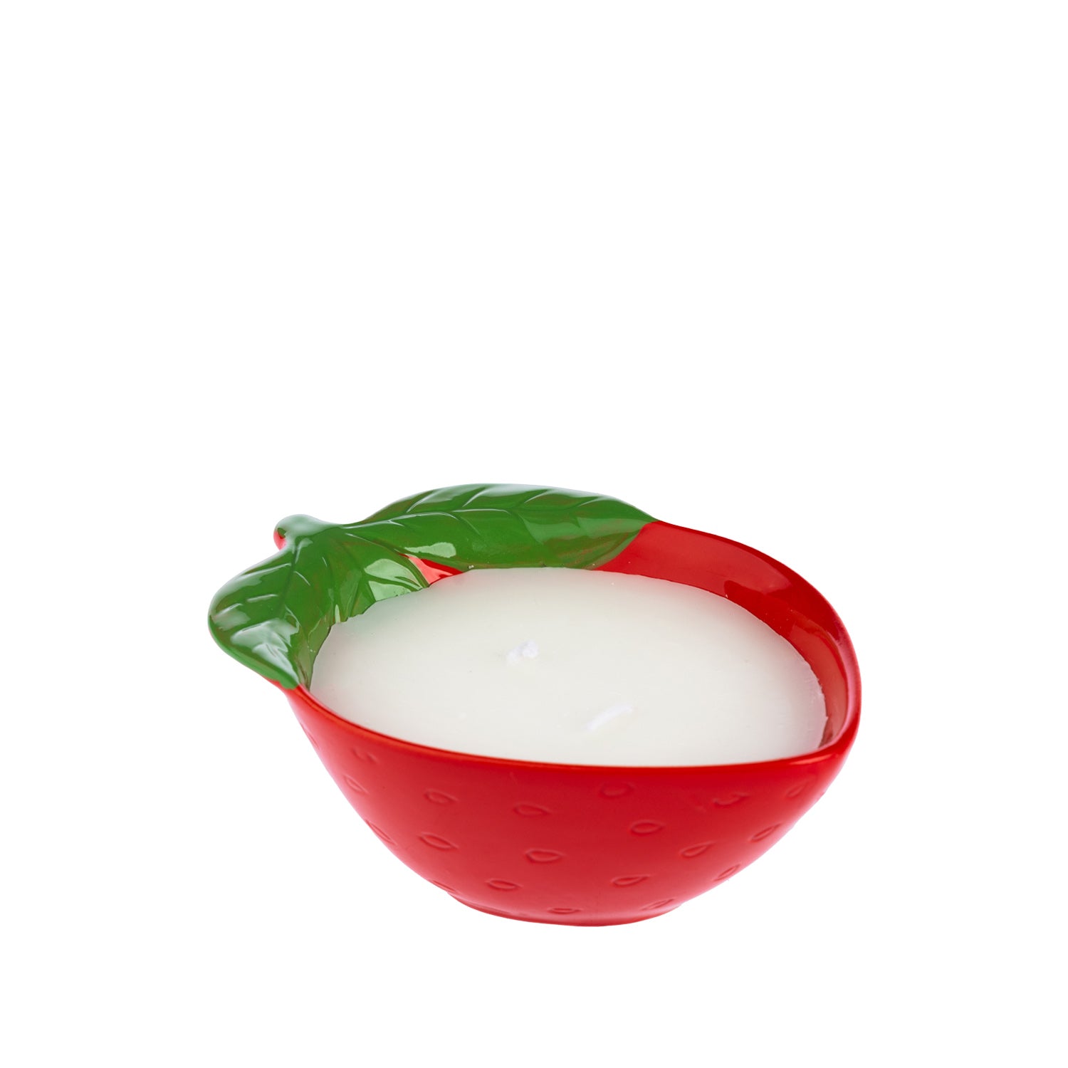 Outsidings Sultry Citronella Candle in Strawberry, featuring a red strawberry-shaped ceramic vessel with raised seed detailing, green leaves and white wax.