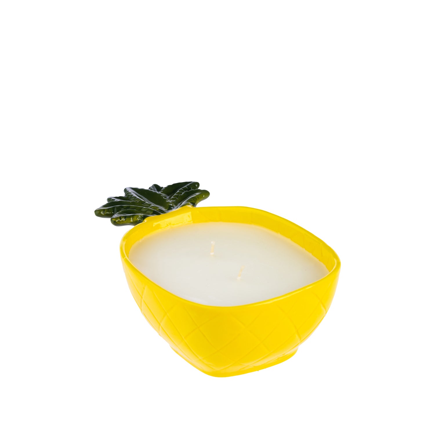Outsidings Sultry Citronella Candle in Pineapple Yellow, featuring a bright yellow pineapple-shaped ceramic vessel with textured detailing, green leaves and white wax.