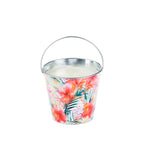 Outsidings Sultry Citronella Tin Hibiscus featuring white wax in a metal bucket-style tin with a colourful hibiscus and tropical foliage print.
