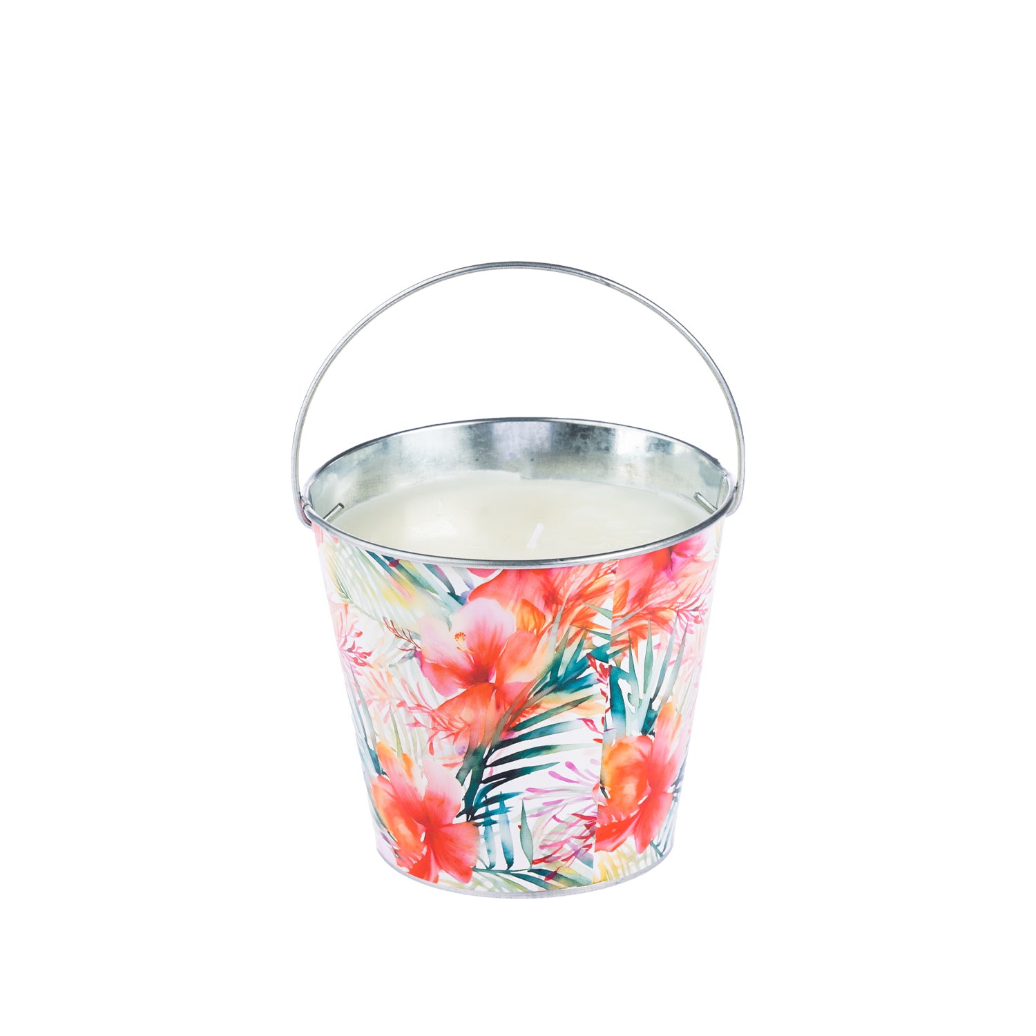 Outsidings Sultry Citronella Tin Hibiscus featuring white wax in a metal bucket-style tin with a colourful hibiscus and tropical foliage print.