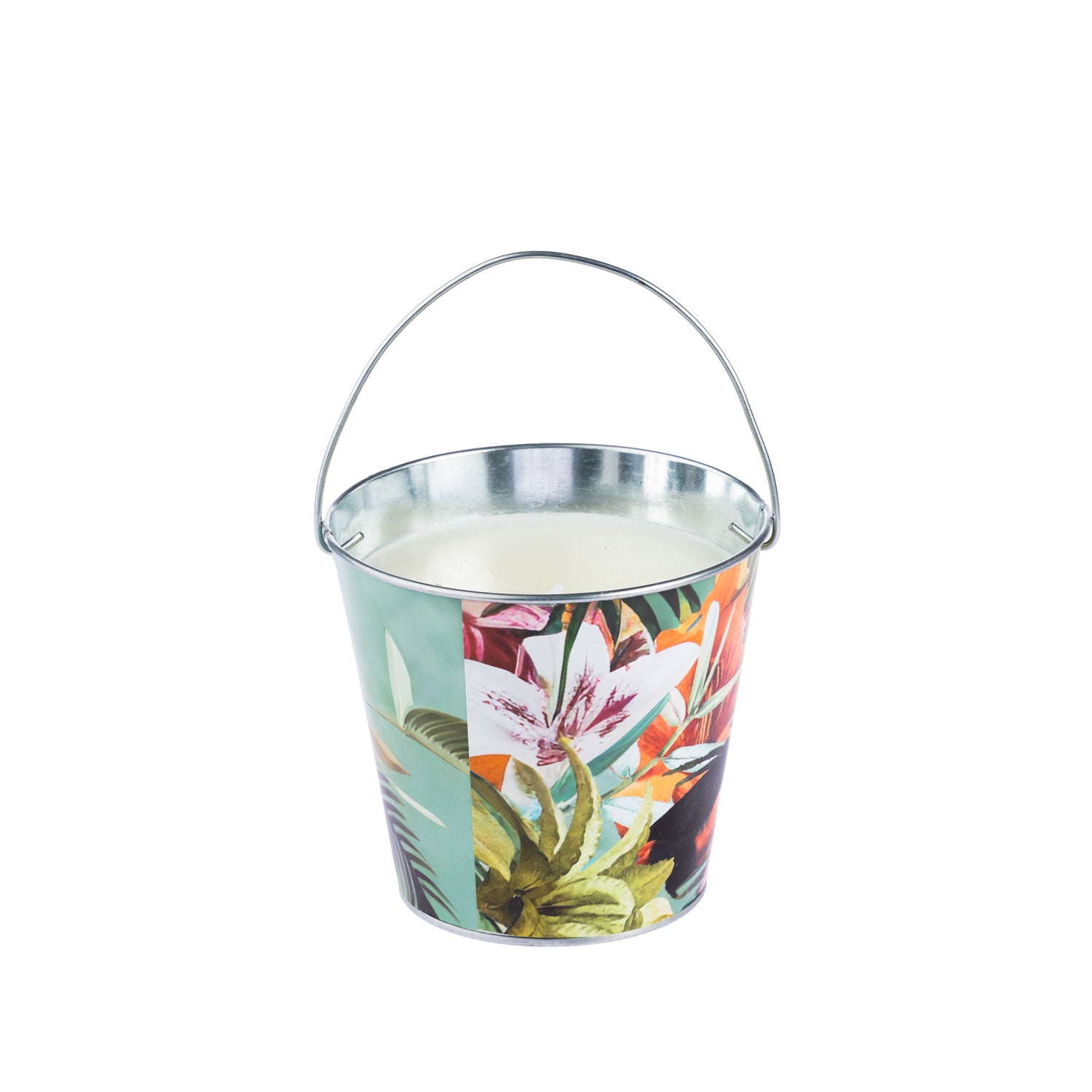 Outsidings Sultry Citronella Tin Flora Fauna featuring white wax in a metal bucket-style tin with a vibrant floral and tropical botanical print.