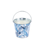 Outsidings Sultry Citronella Tin Palm Leaf Blue featuring white wax in a metal bucket-style tin with a blue tropical palm leaf print.