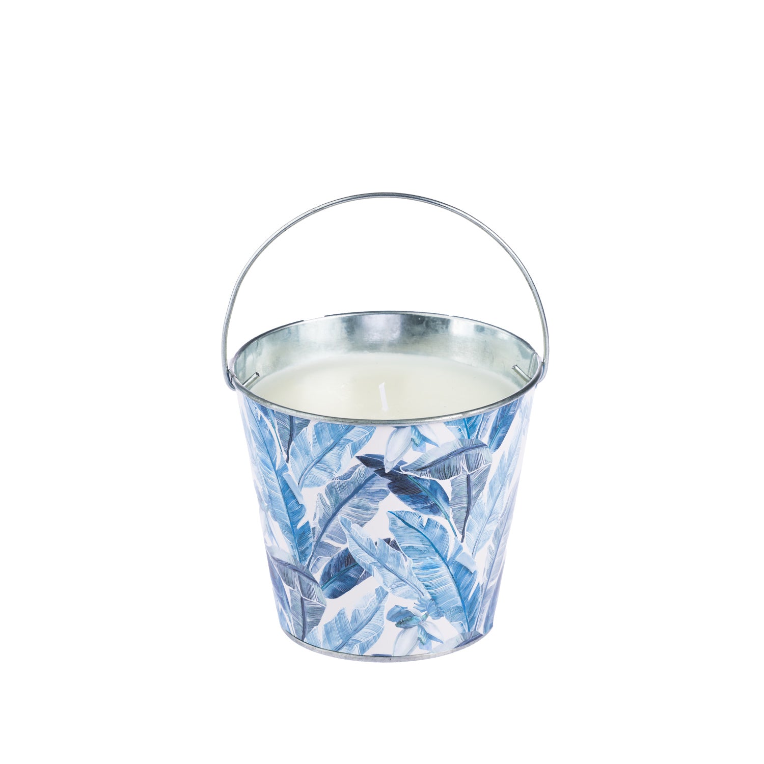 Outsidings Sultry Citronella Tin Palm Leaf Blue featuring white wax in a metal bucket-style tin with a blue tropical palm leaf print.