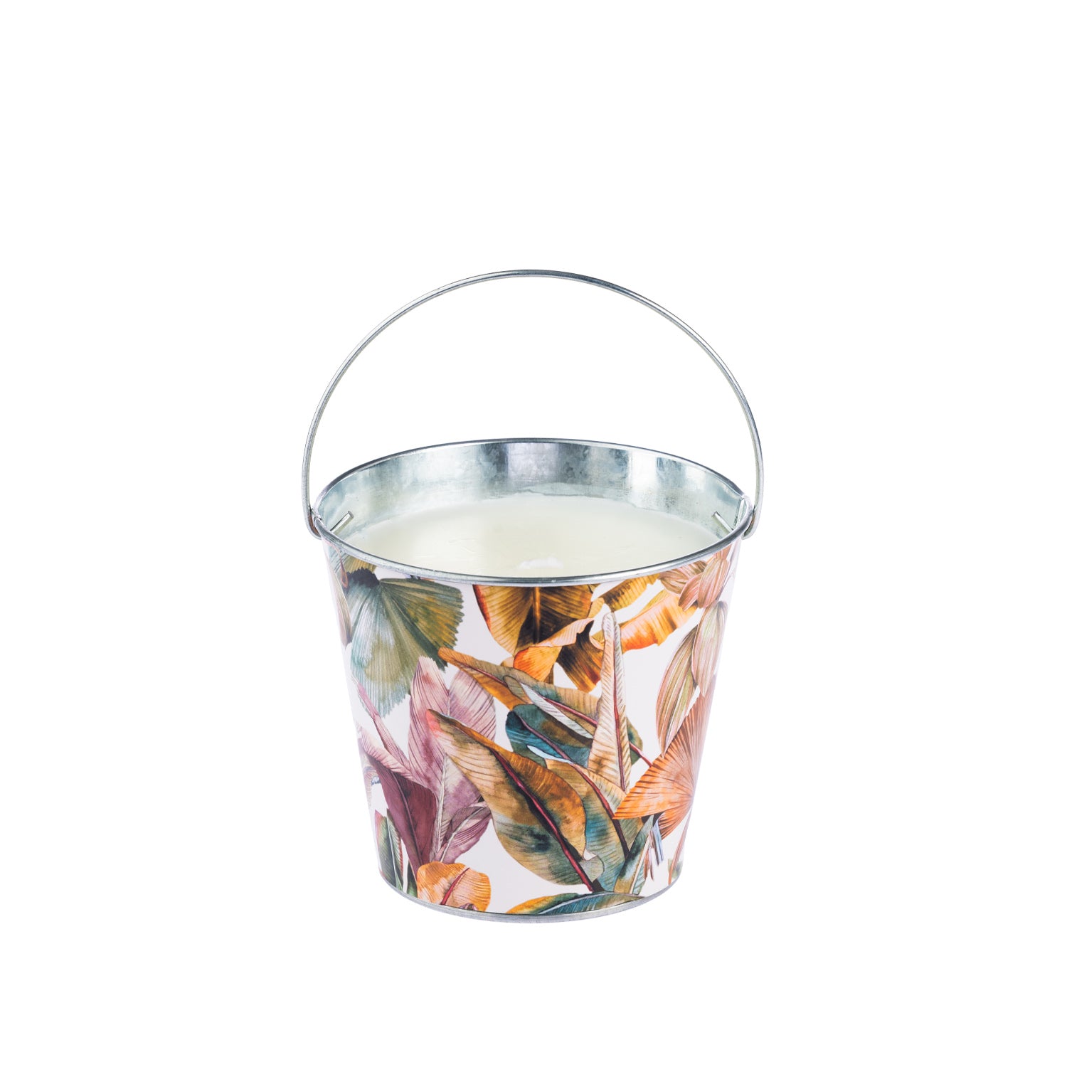 Outsidings Sultry Citronella Tin Panama featuring white wax in a metal bucket-style tin with a warm-toned tropical leaf print.