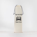 Cream drawstring storage bag for the Play the Field Ring Toss game, featuring black printed branding and a ring toss illustration.