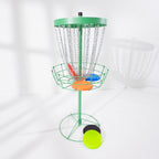 Play the Field Disc Golf target with green metal stand, chain basket and colourful flying discs.