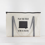 Play the Field 4-In-A-Row cream storage bag with black striped handles and printed game design.