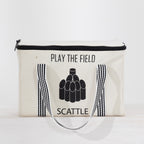 Play the Field Scattle cream storage bag with black striped handles and printed Scattle design.