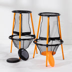 Play the Field Disc Target Game featuring two orange and black netted targets with black and orange flying discs.