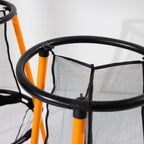 Close-up of the black circular frame, orange legs and mesh netting of the Play the Field Disc Target Game.