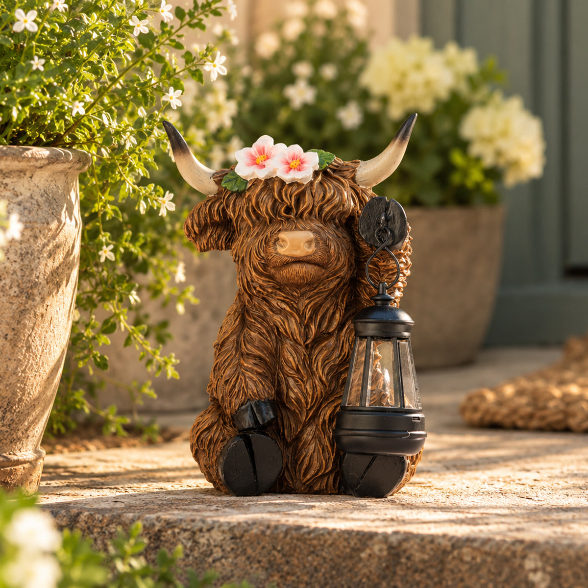 An adorable shaggy Highland cow garden ornament, adorned with pink flowers and holding a rustic black lantern, sits on a sunlit stone doorstep surrounded by lush greenery and delicate white blooms.