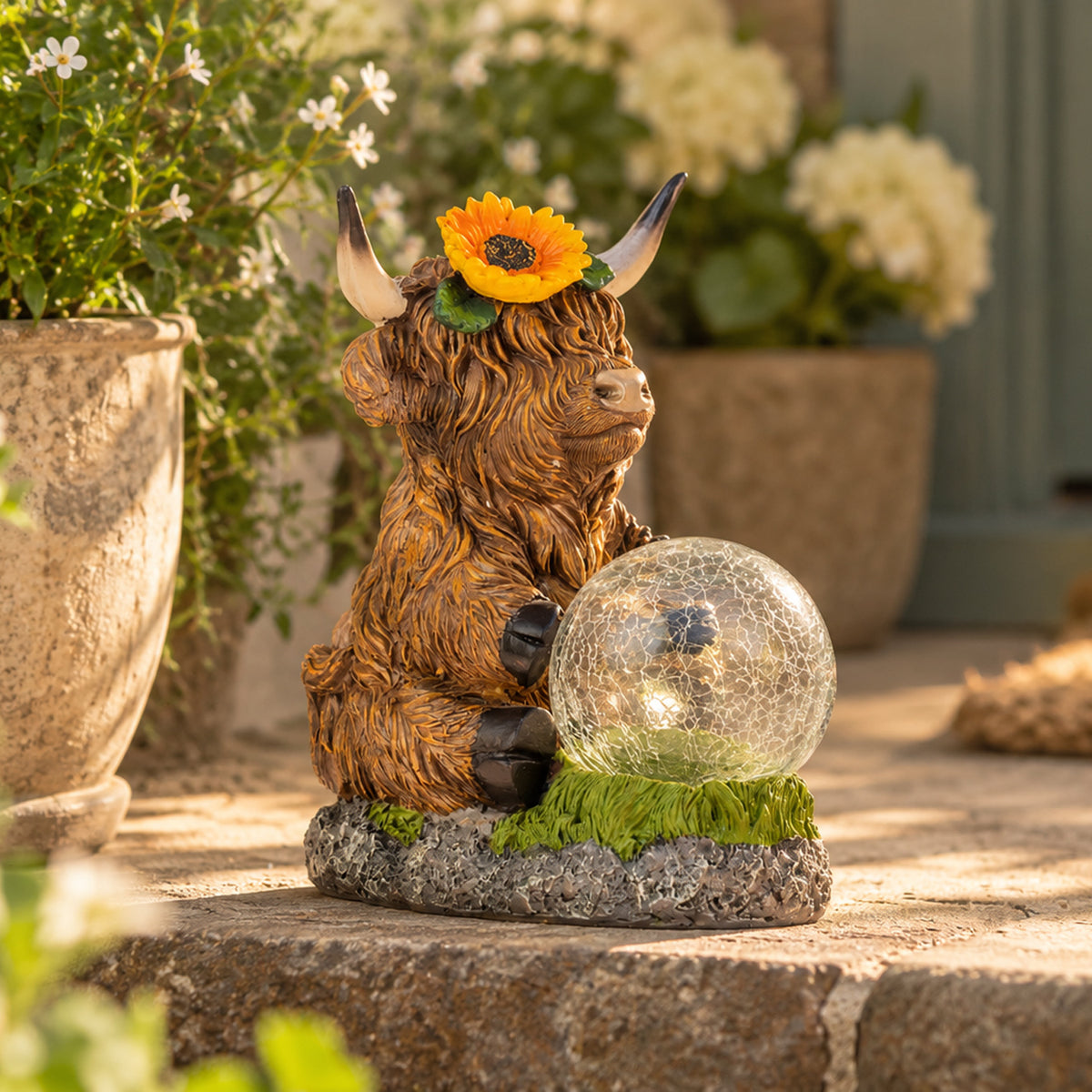 A decorative highland cow garden statue with a clear crackle-glass orb and a yellow sunflower on its horns, placed on a stone surface with potted plants in a garden setting.