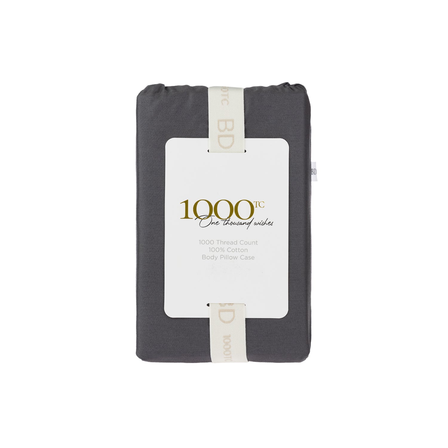 A beautifully packaged 1000 thread count cotton body pillowcase is presented with a reusable branded storage band and elegant sleeve, reflecting timeless luxury and thoughtful design.