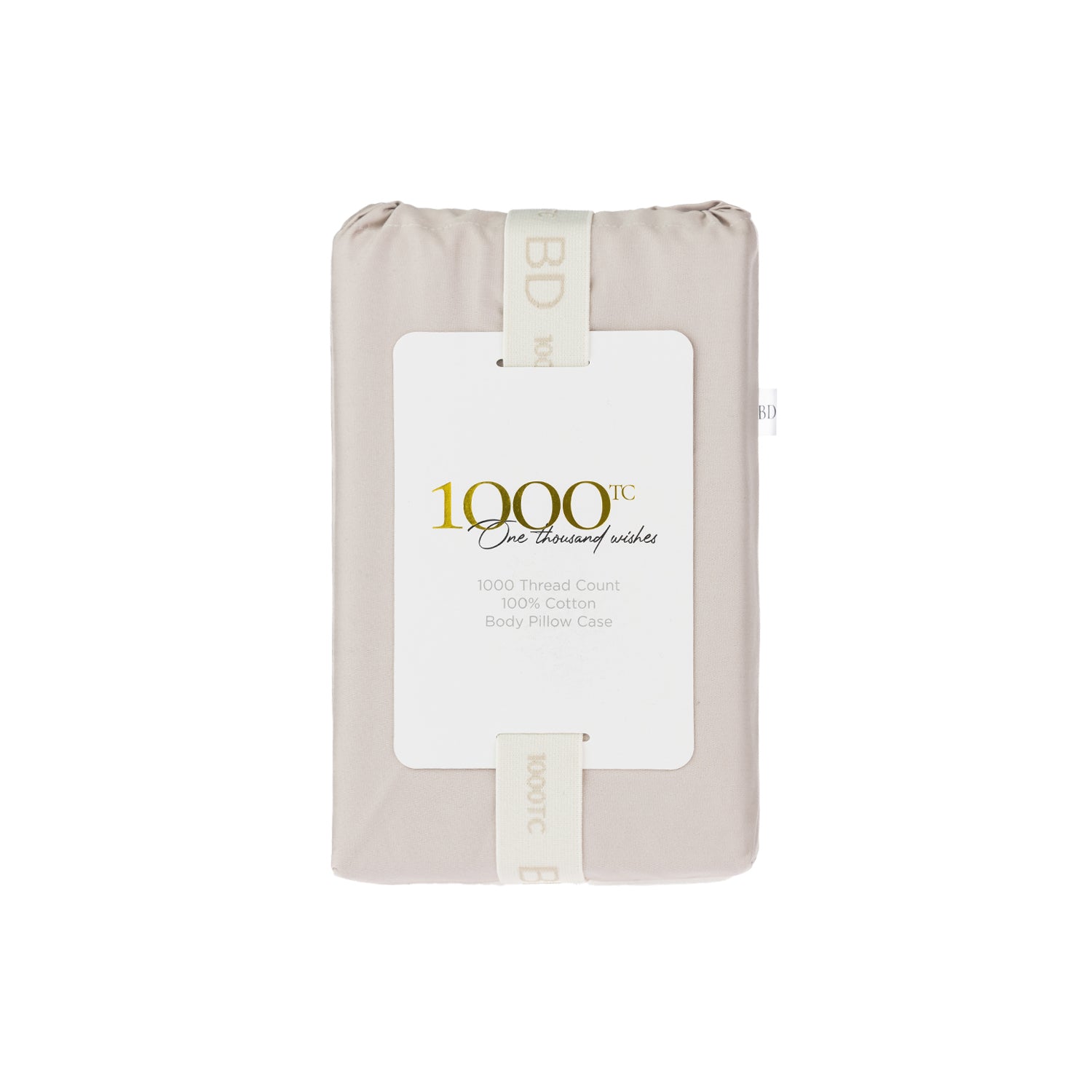 A beautifully packaged 1000 thread count cotton body pillowcase is presented with a reusable branded storage band and elegant sleeve, reflecting timeless luxury and thoughtful design.