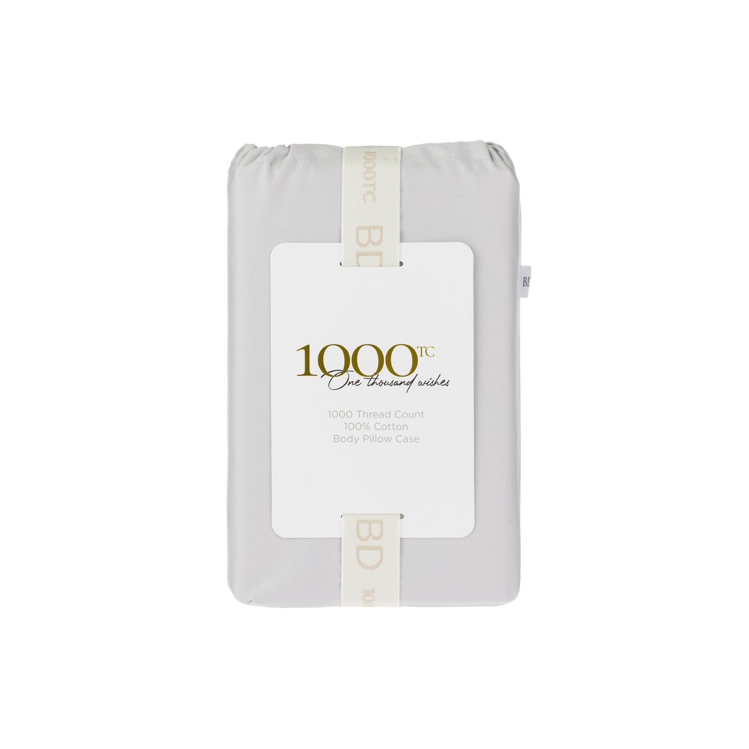 A beautifully packaged 1000 thread count cotton body pillowcase is presented with a reusable branded storage band and elegant sleeve, reflecting timeless luxury and thoughtful design.