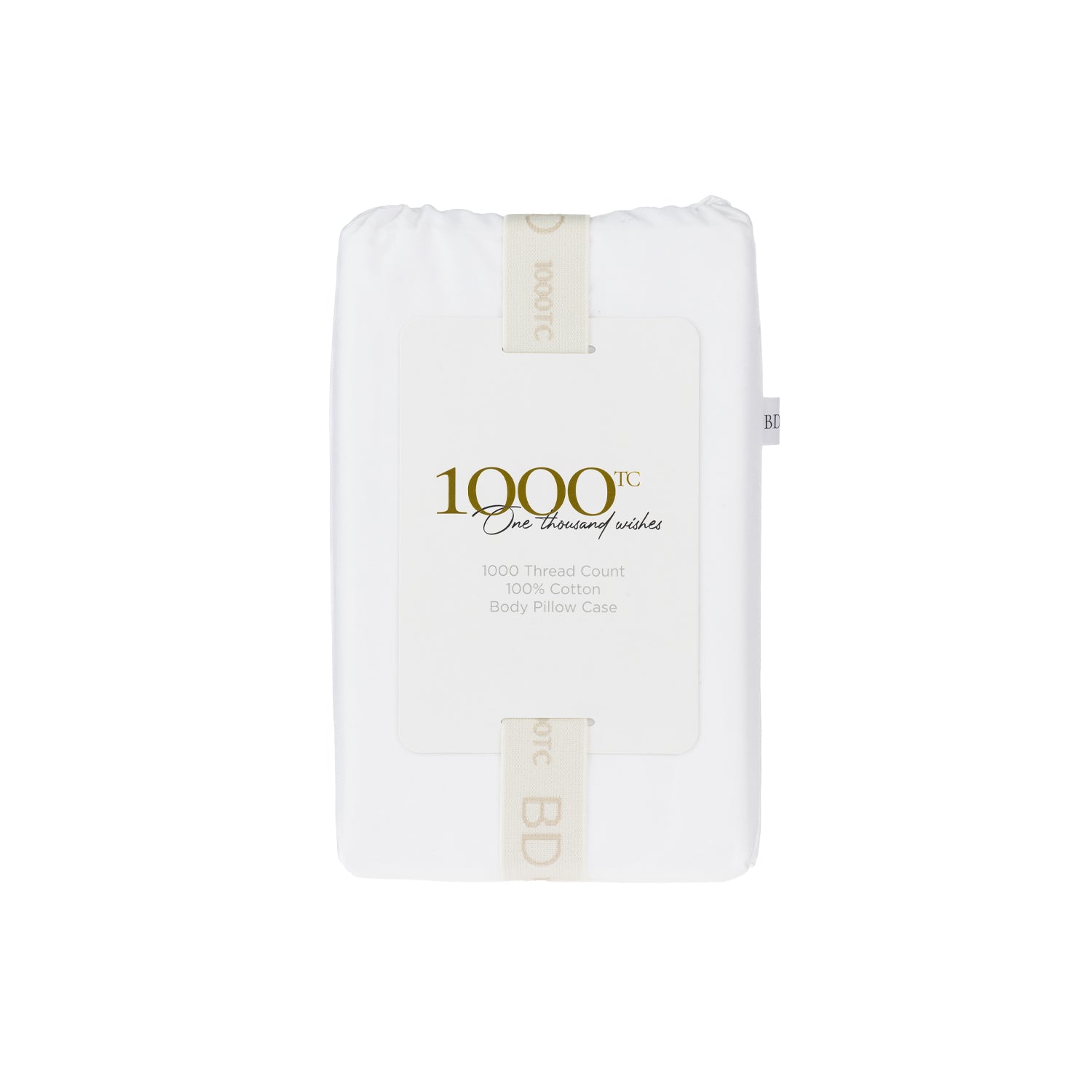 A beautifully packaged 1000 thread count cotton body pillowcase is presented with a reusable branded storage band and elegant sleeve, reflecting timeless luxury and thoughtful design.