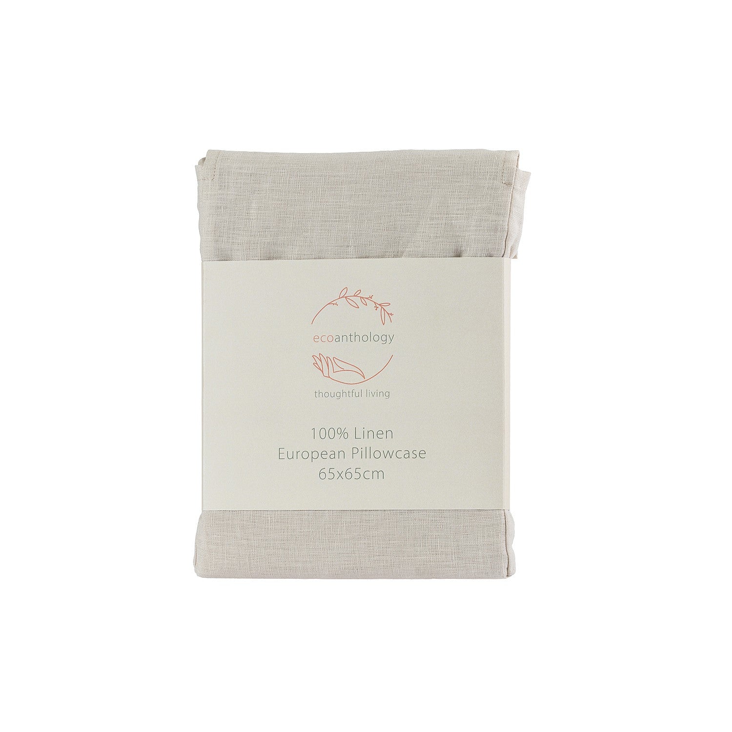 Folded linen pillowcase with packaging on a white background