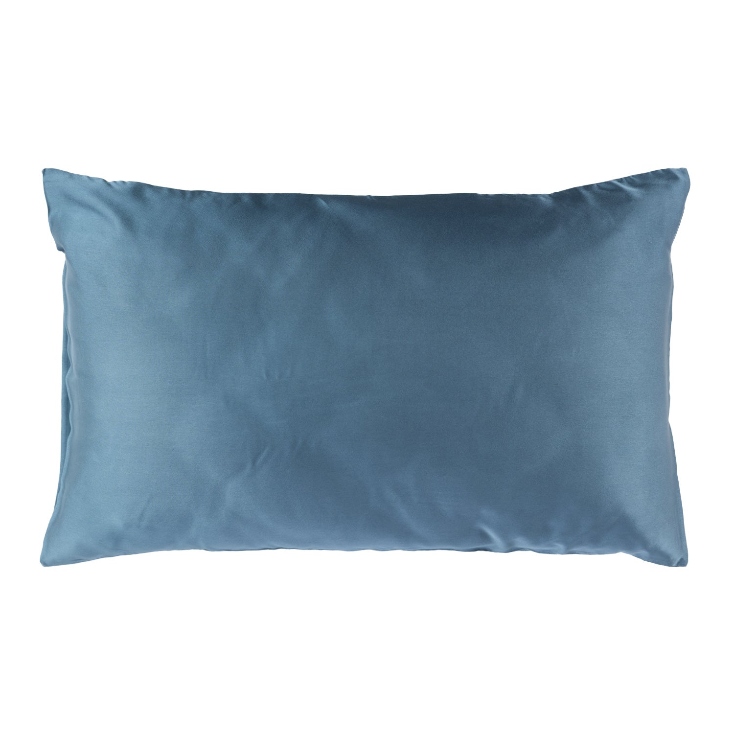 A smooth blue pillowcase with a satin-like finish is shown against a plain light background.