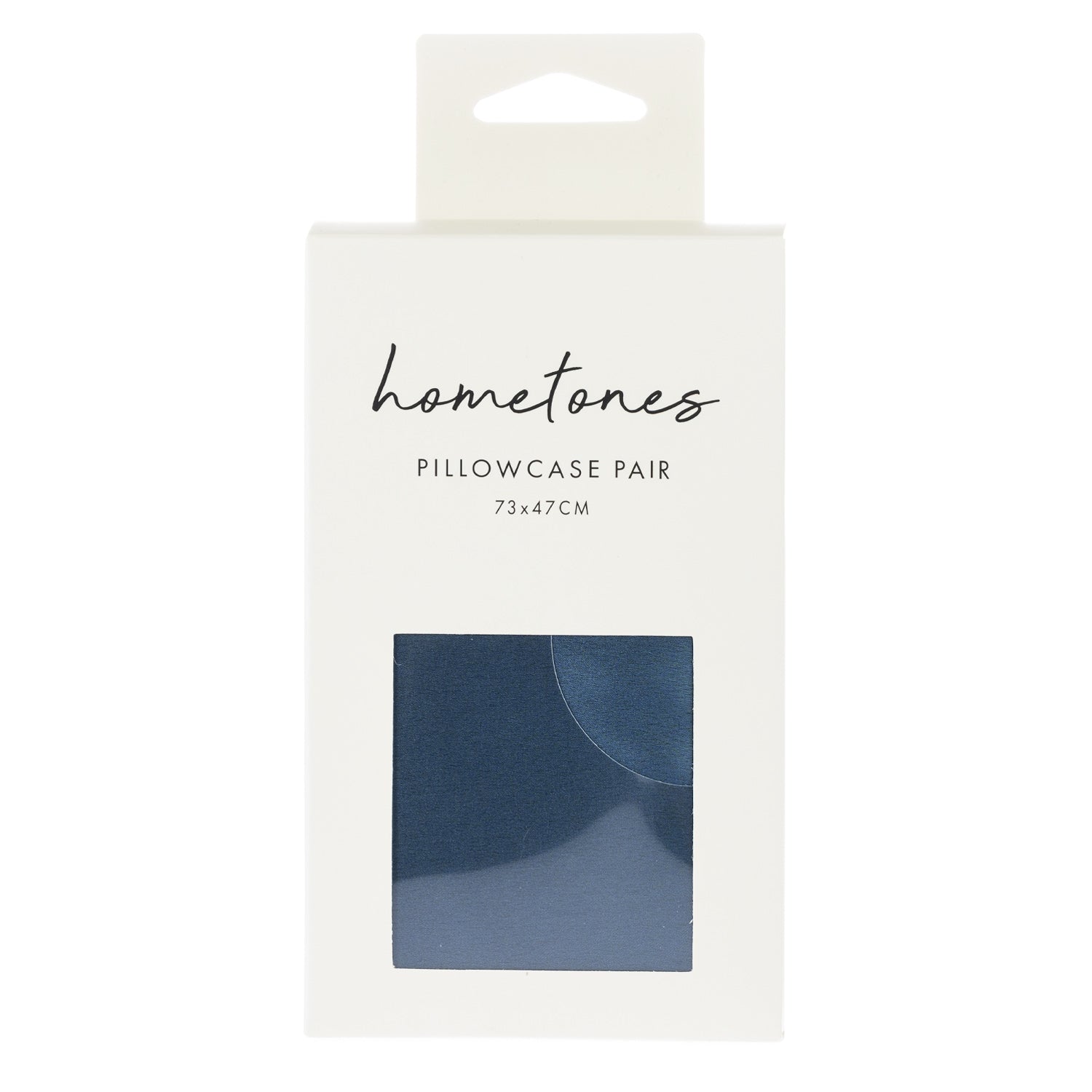 A white retail package labeled “hometones Pillowcase Pair 73 × 47 cm” features a window displaying a blue fabric sample against a plain light background.