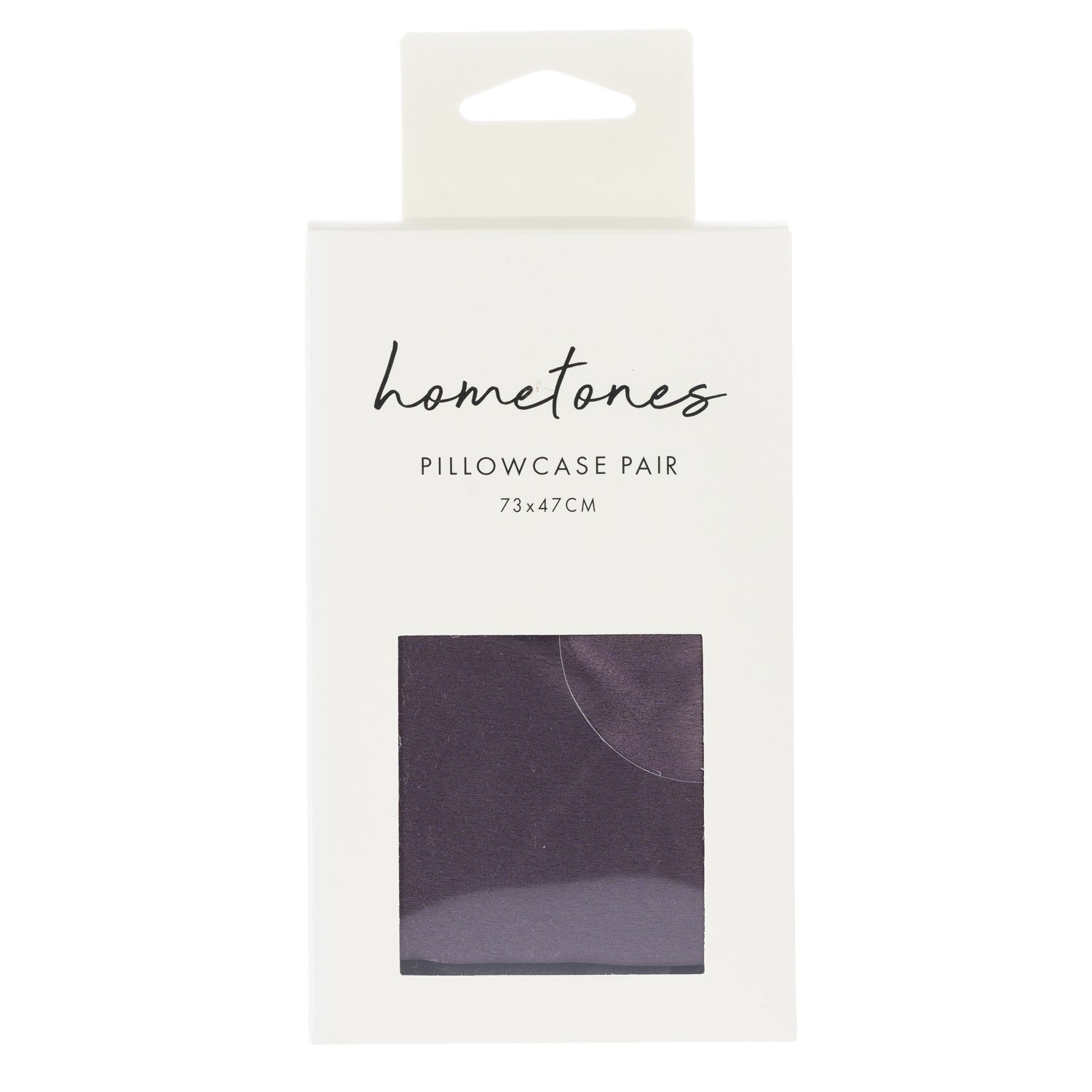 A white retail package labeled “hometones Pillowcase Pair 73 × 47 cm” features a window displaying a lavender fabric sample against a plain light background.