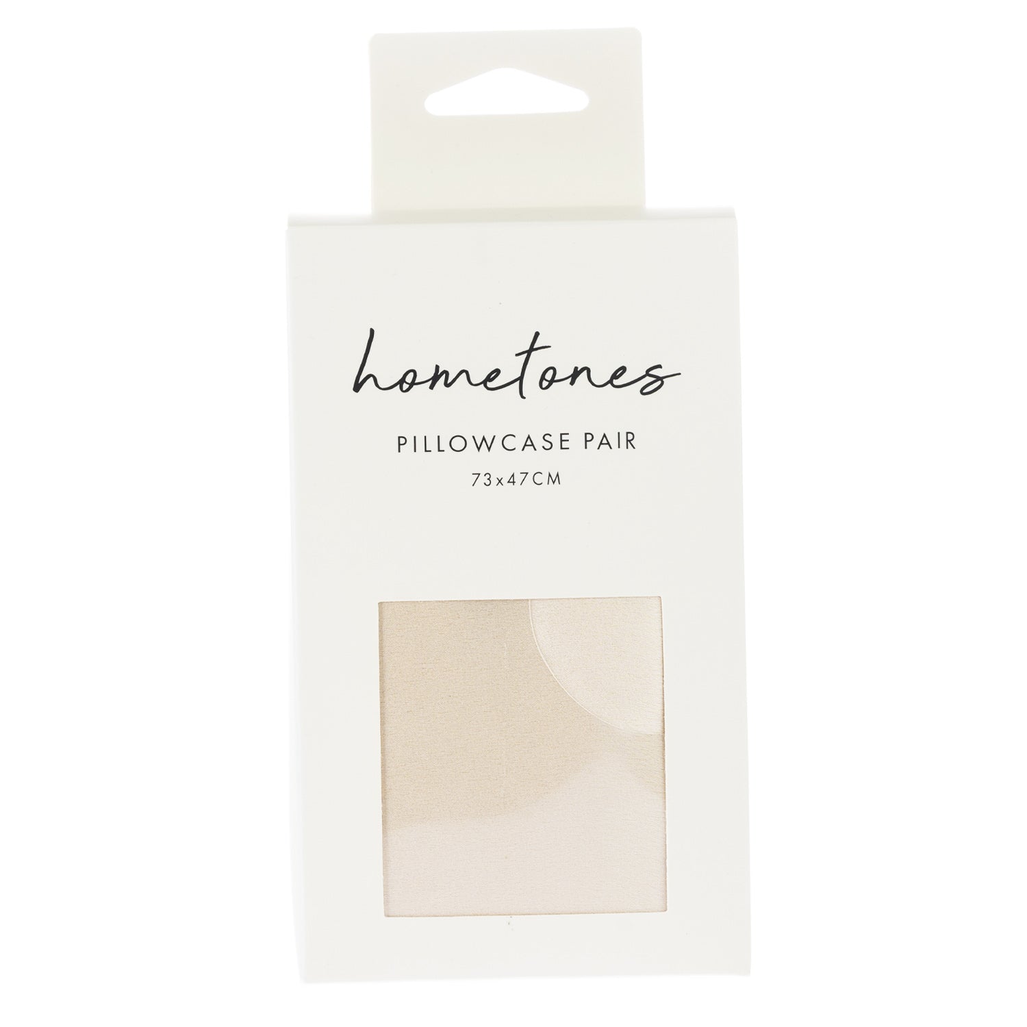 A white retail package labeled “hometones Pillowcase Pair 73 × 47 cm” features a window displaying a natural fabric sample against a plain light background.