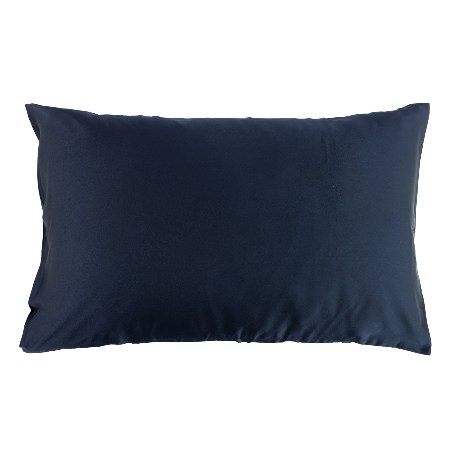 A smooth navy blue pillowcase with a satin-like finish is shown against a plain light background.