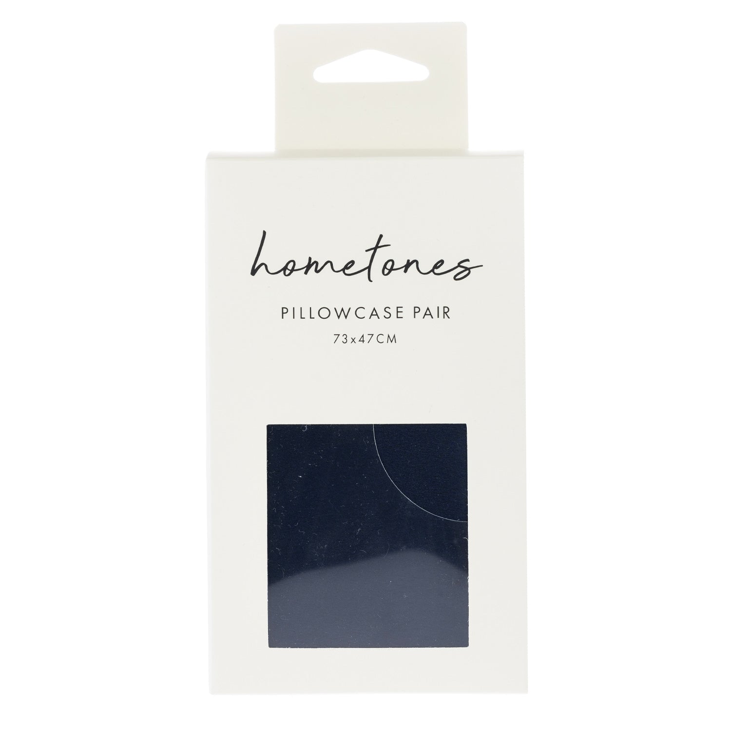 A white retail package labeled “hometones Pillowcase Pair 73 × 47 cm” features a window displaying a dark navy fabric sample against a plain light background.