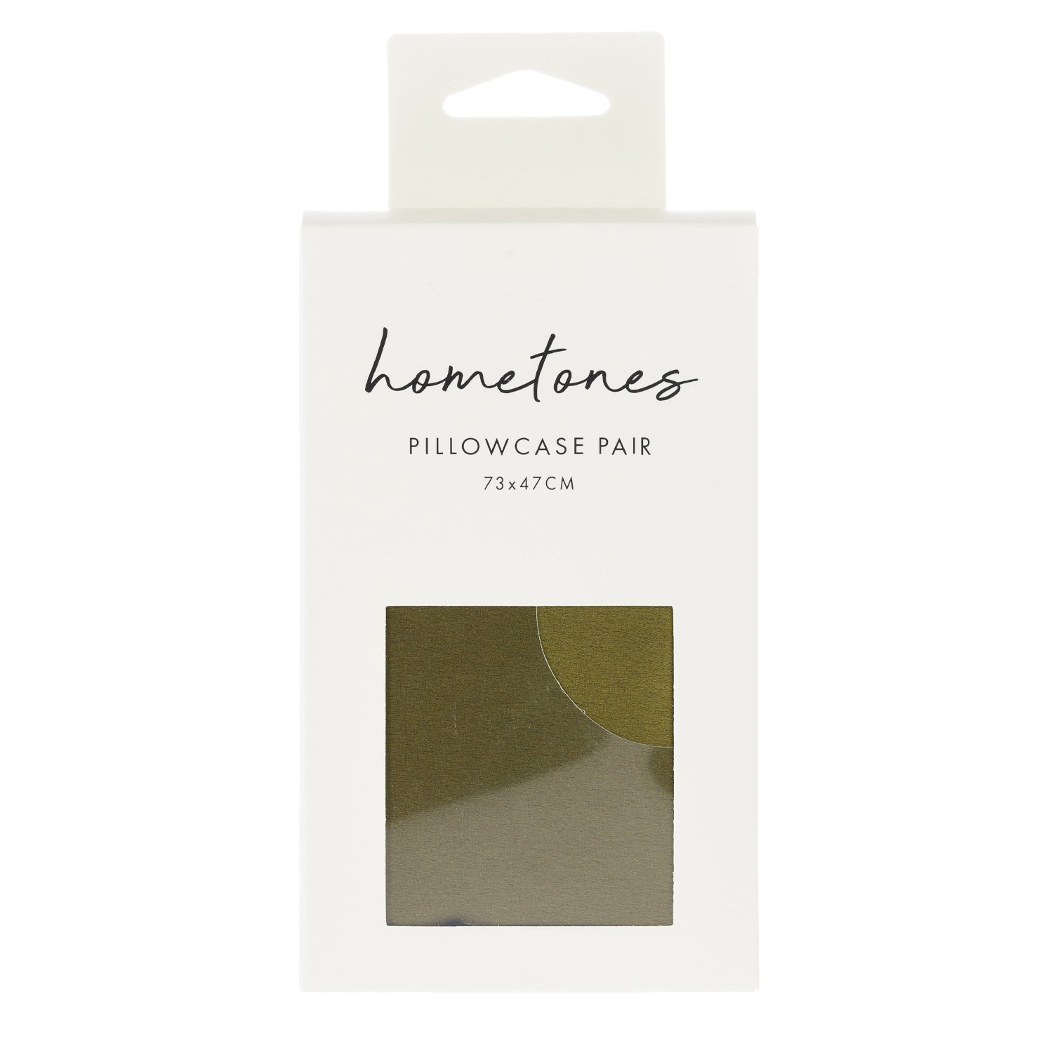 A white retail package labeled “hometones Pillowcase Pair 73 × 47 cm” features a window displaying a olive fabric sample against a plain light background.