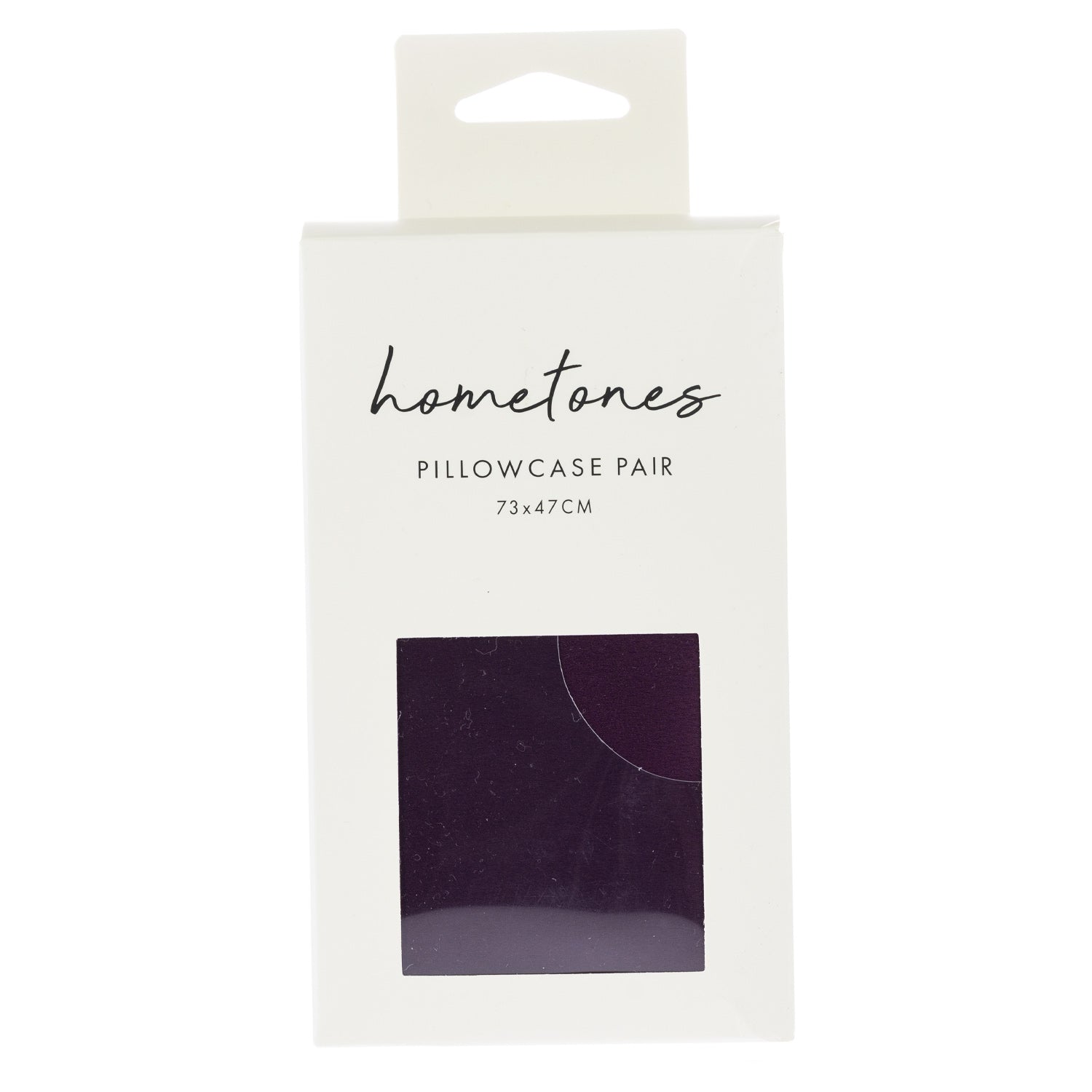 A white retail package labeled “hometones Pillowcase Pair 73 × 47 cm” features a window displaying a plum fabric sample against a plain light background.