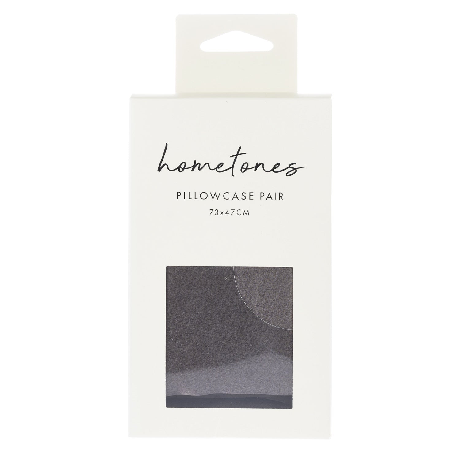 A white retail package labeled “hometones Pillowcase Pair 73 × 47 cm” features a window displaying a steel fabric sample against a plain light background.