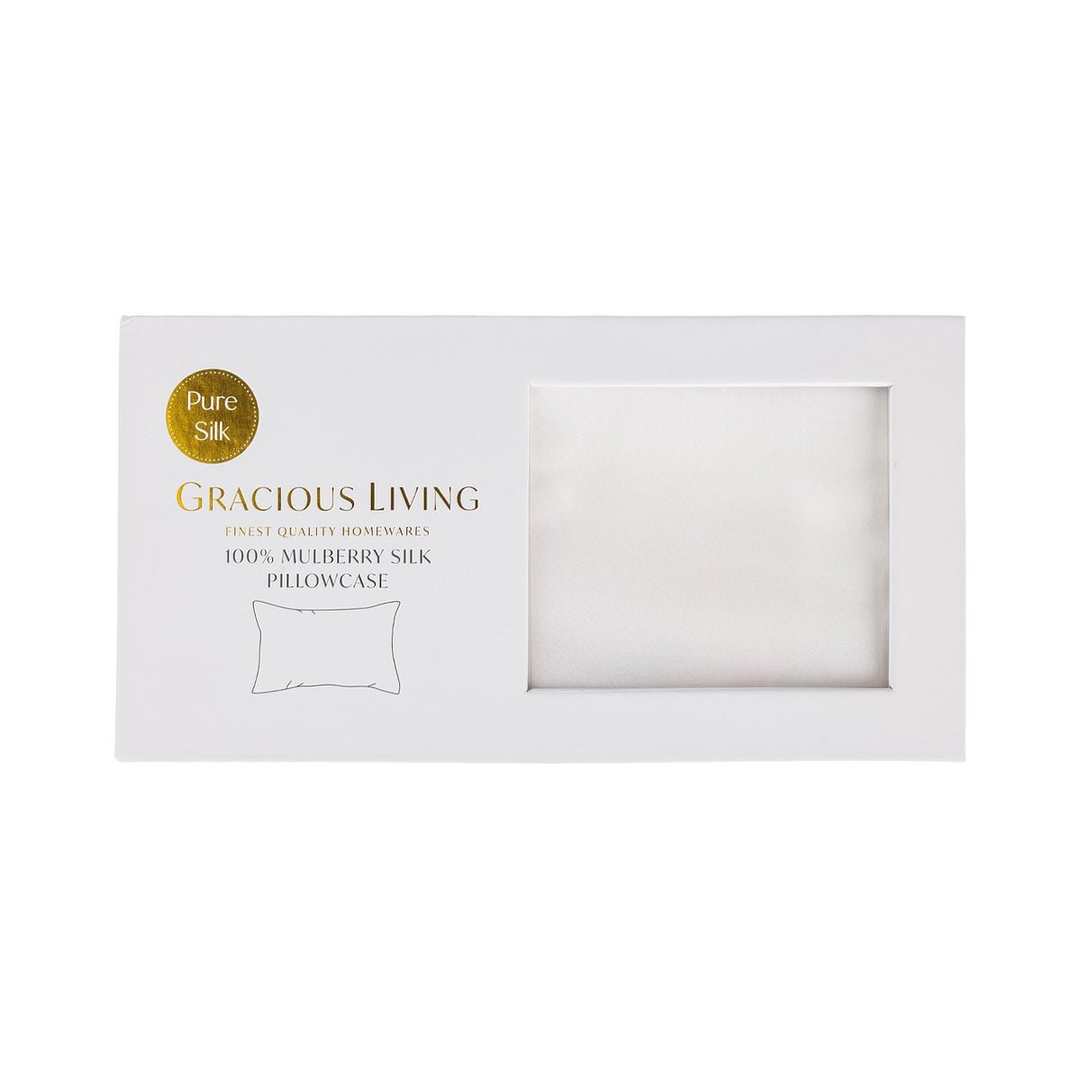 Silk pillowcase packaging with 'Gracious Living' branding on a white background