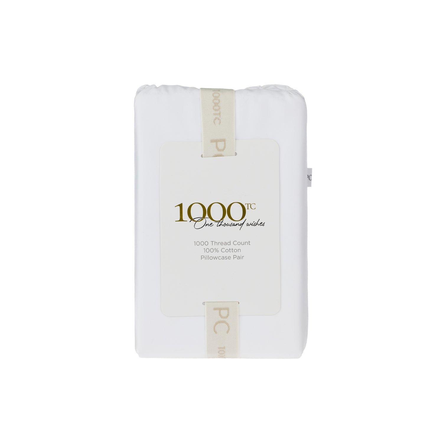 A beautifully packaged pair of white 1000 thread count cotton pillowcases is presented with a reusable branded storage band and elegant sleeve, reflecting timeless luxury and thoughtful design.