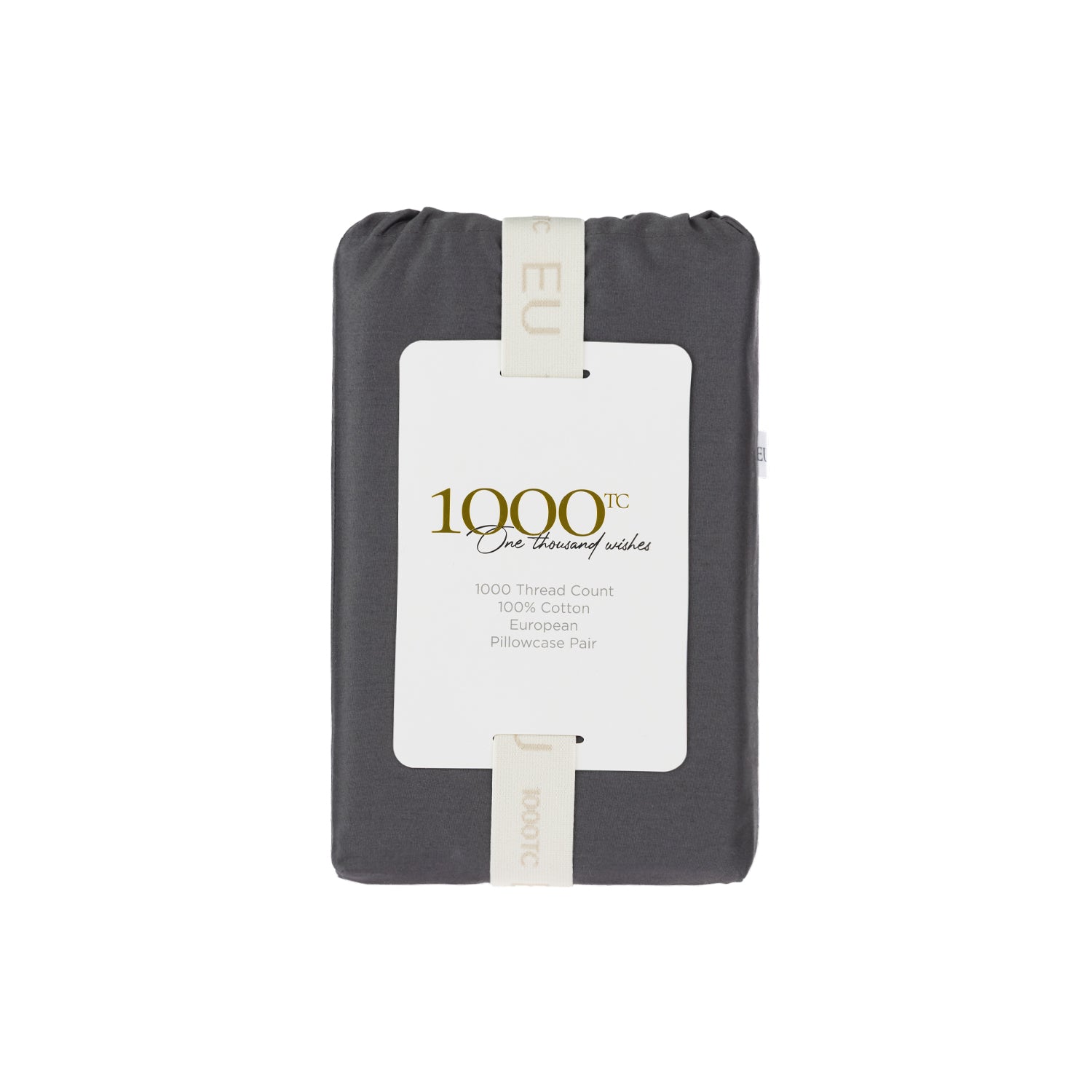 A beautifully packaged pair of charcoal 1000 thread count cotton European pillowcases is presented with a reusable branded storage band and elegant sleeve, reflecting timeless luxury and thoughtful design.