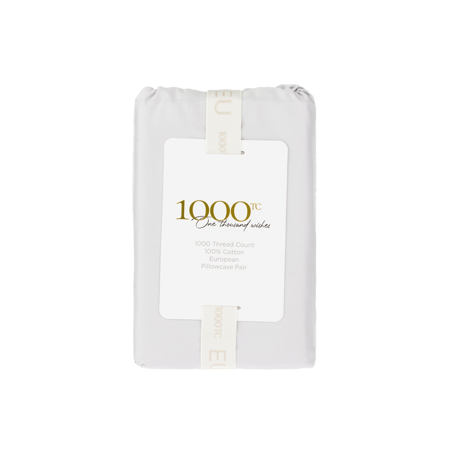 A beautifully packaged pair of silver 1000 thread count cotton European pillowcases is presented with a reusable branded storage band and elegant sleeve, reflecting timeless luxury and thoughtful design.