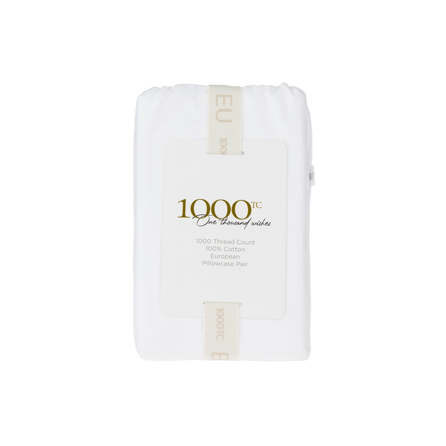 A beautifully packaged pair of white 1000 thread count cotton European pillowcases is presented with a reusable branded storage band and elegant sleeve, reflecting timeless luxury and thoughtful design.