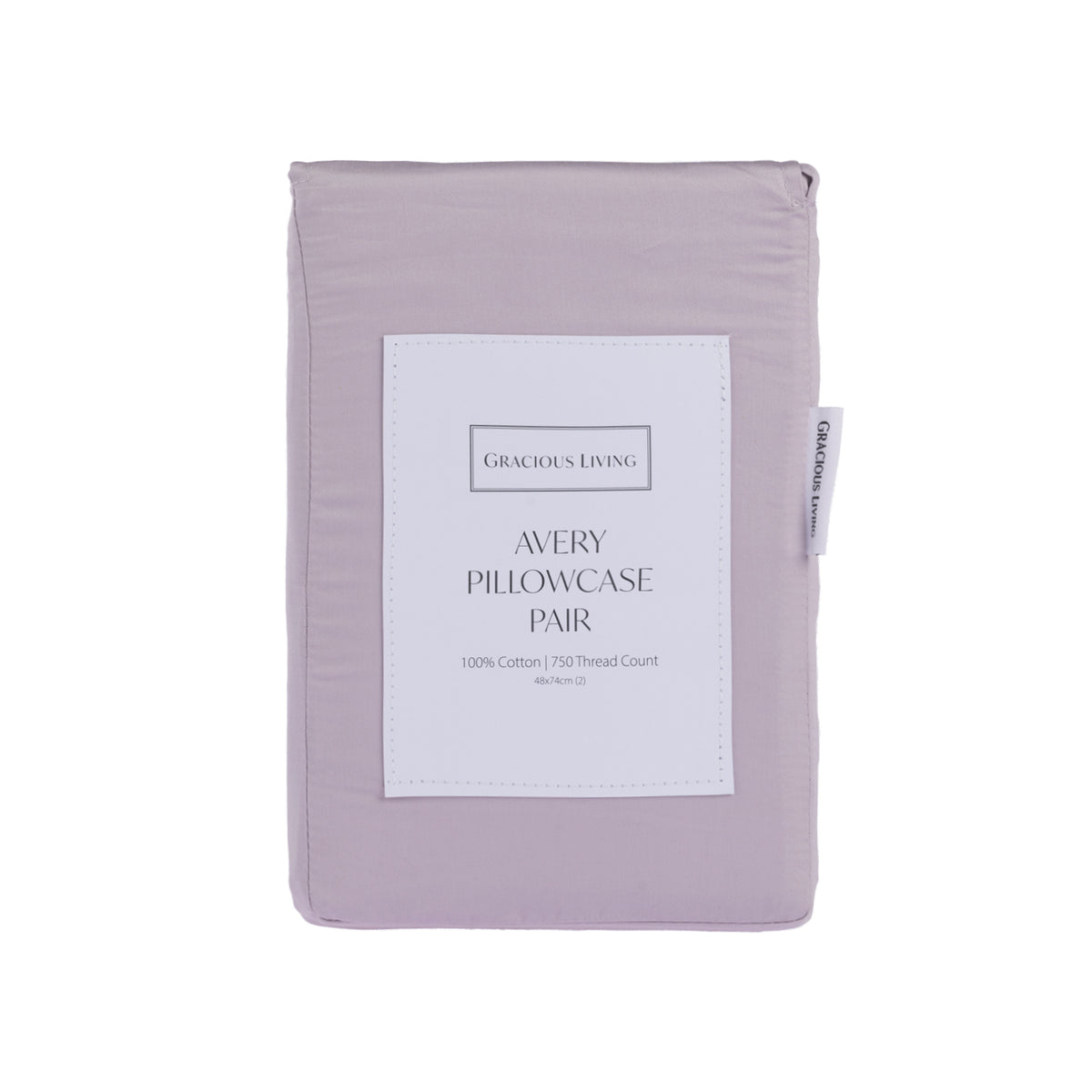 A neatly folded Gracious Living Avery Standard Pillowcase Pair in Dusky Mauve, presented with branded packaging highlighting the 750 thread count and 100% cotton composition.
