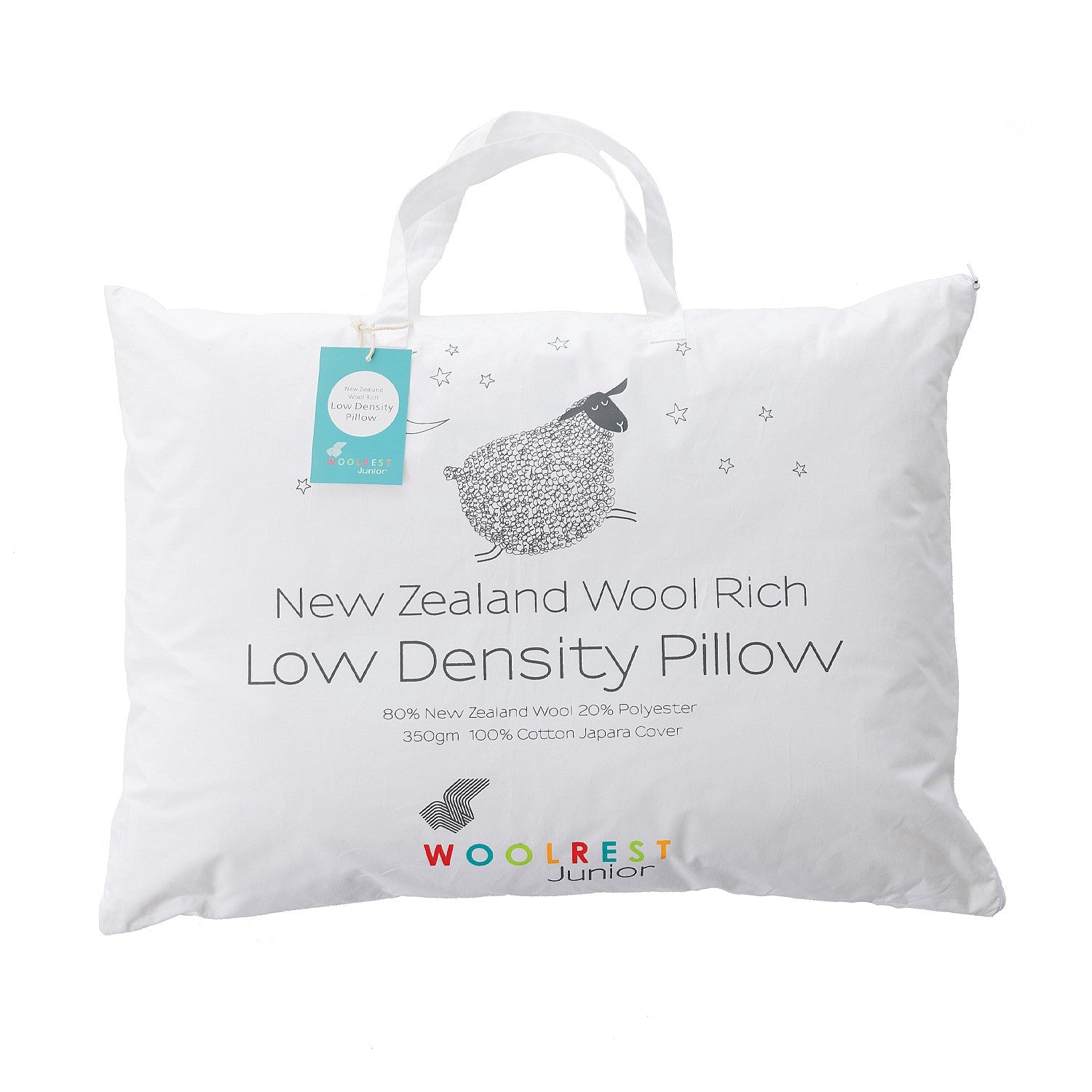 Woolrest Kids low density wool combo pillow in white packaging with handle.