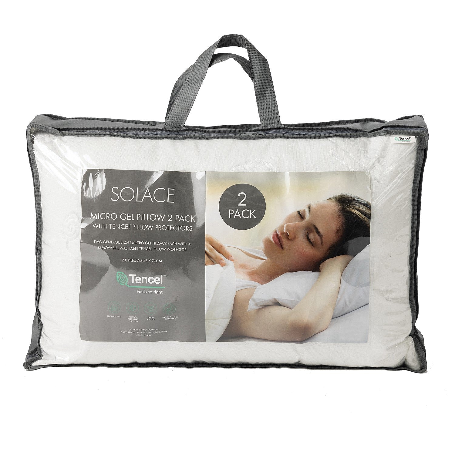 Solace Micro Gel Pillow 2 Pack with Tencel Pillow Protectors in zip carry bag packaging.
