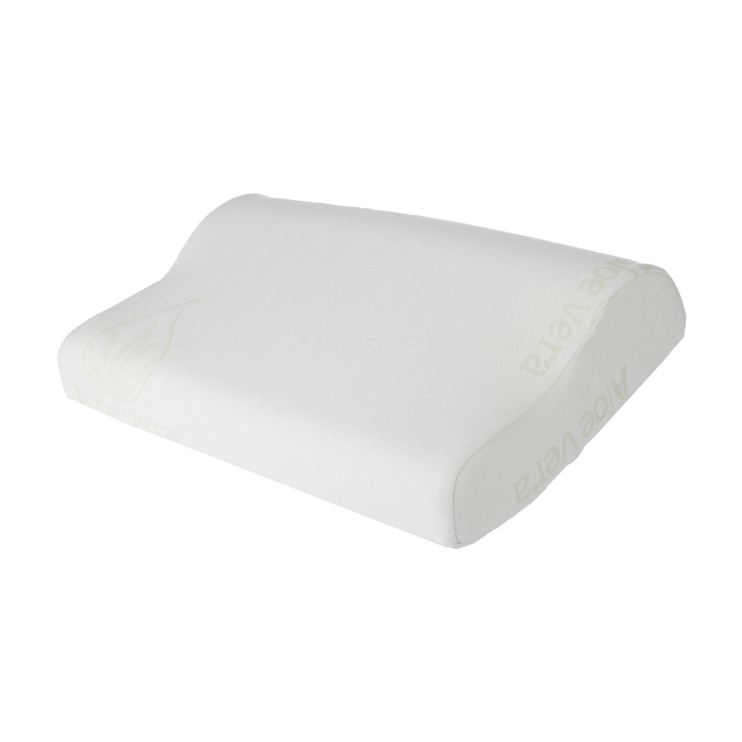 Aloe Vera contour memory foam pillow with ergonomic curved profile on white background.