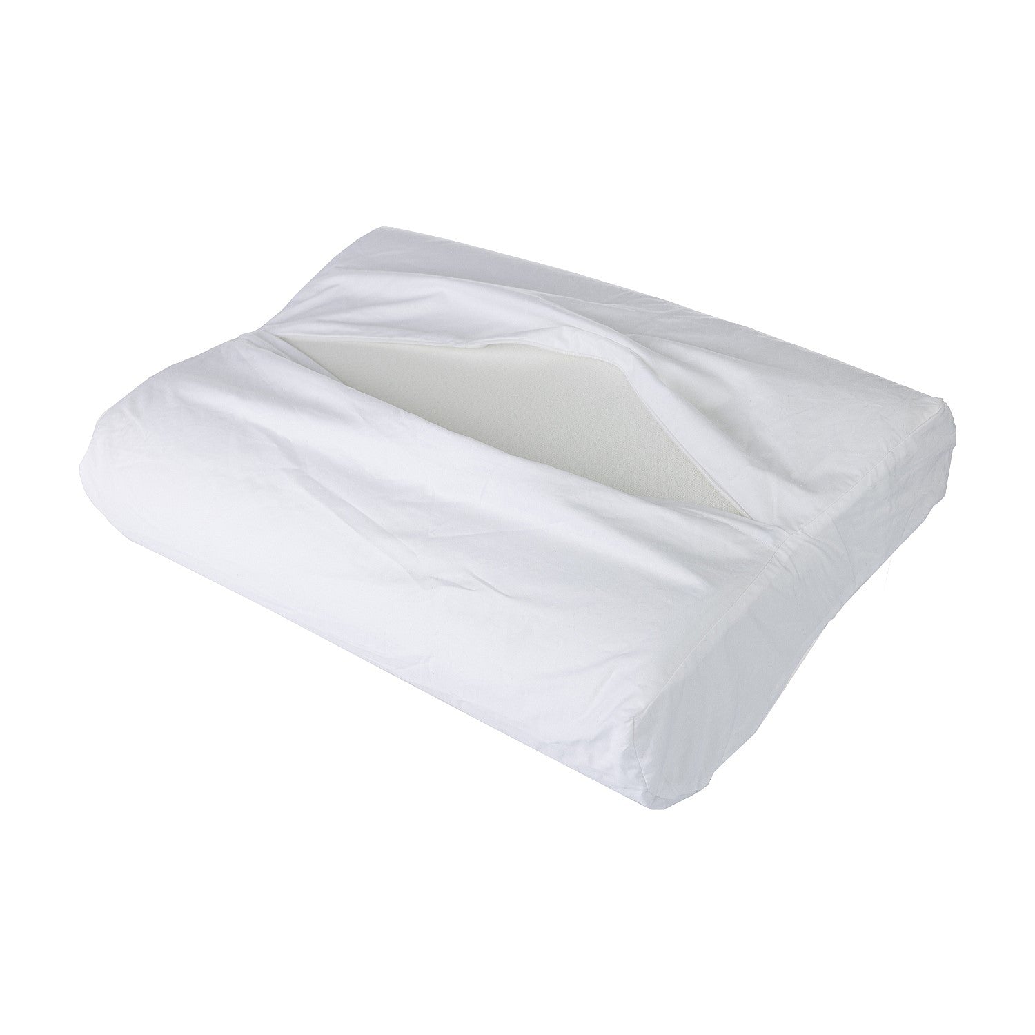 Aloe Vera contour memory foam pillow with removable white cover partially opened to reveal memory foam core.