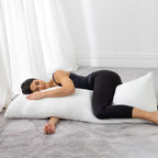 Person side sleeping with an Aloe Vera body pillow positioned for head, leg and body support.